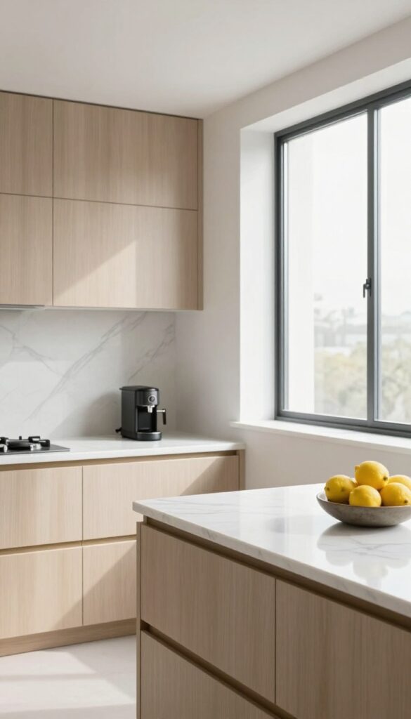 Bright modern kitchen with a seamless white quartz slab backsplash flowing from countertop to ceiling, light wood cabinets, and natural daylight