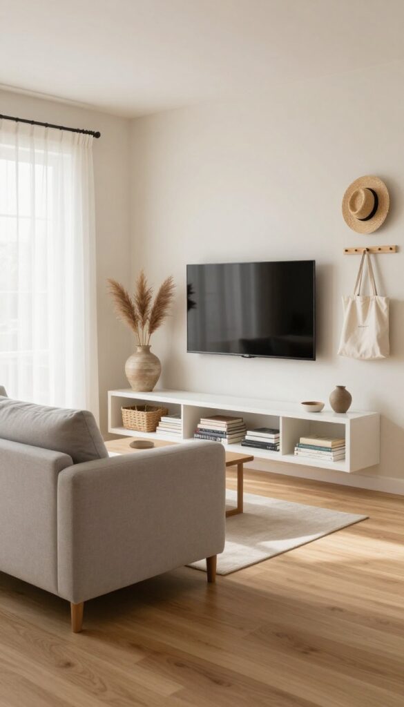 Bright small living room with tall wall-mounted shelves, floating storage above a sofa, and a slim corner bookcase creating a taller, less cluttered feel.