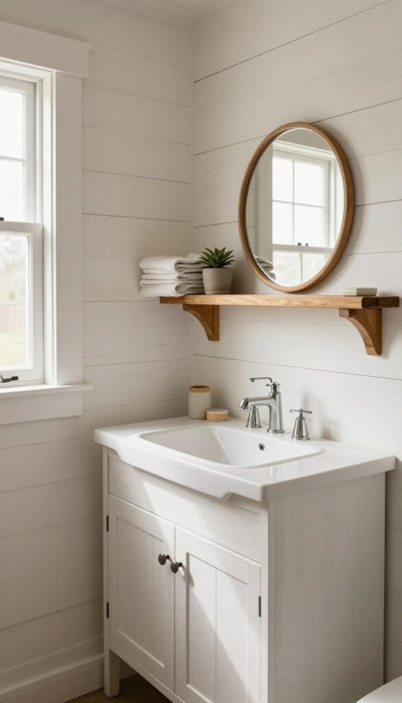 Small rustic bathroom with a white shiplap accent wall behind a vanity, warm natural light, and a wooden shelf with towels and a plant