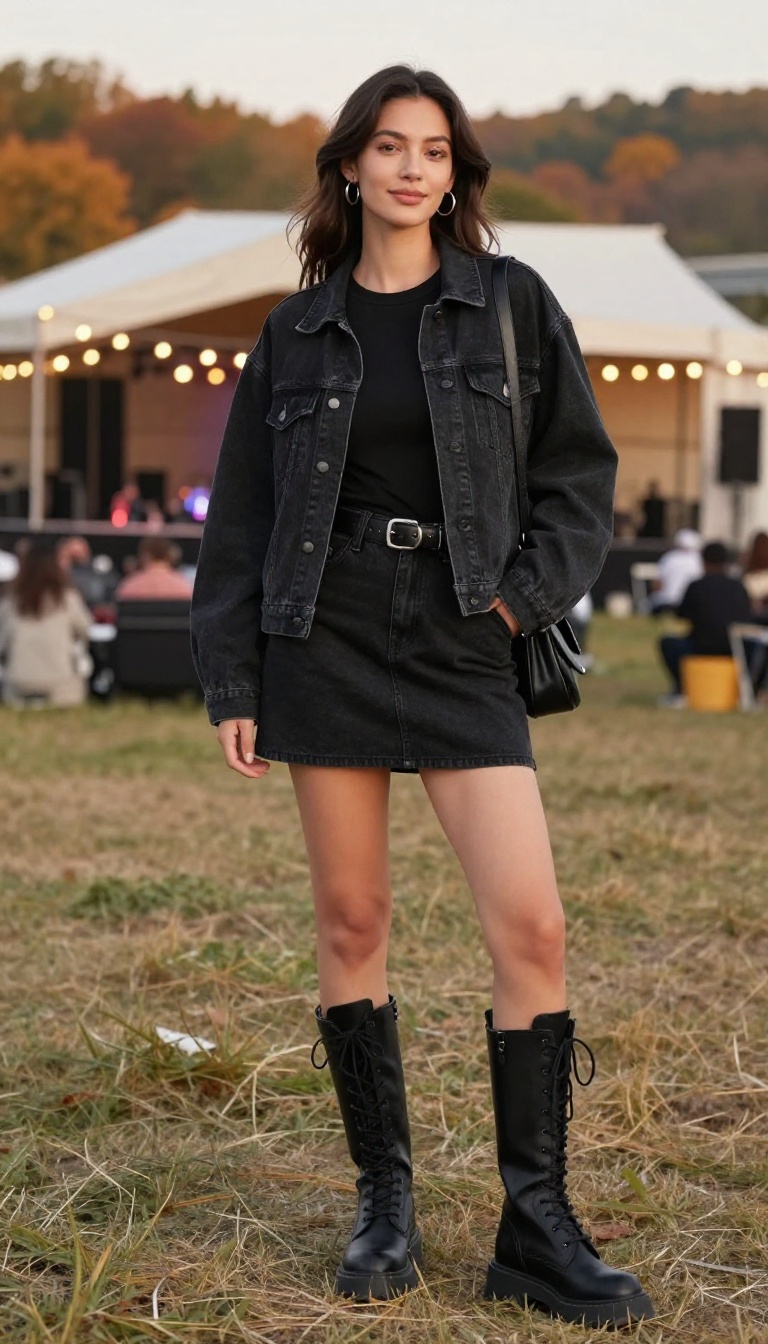 11. Monochrome Black Look with a Jean Skirt and Combat Boots