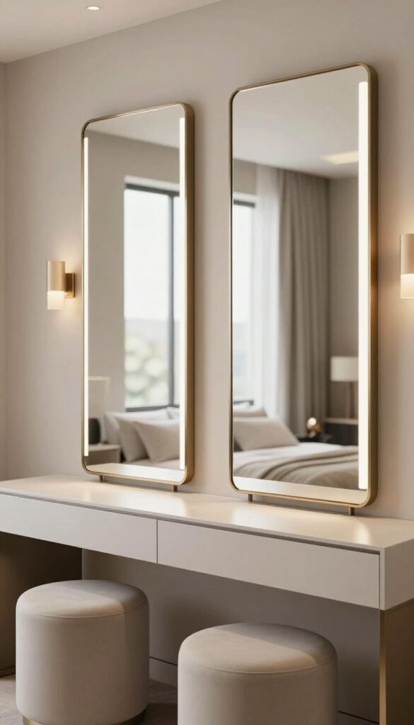 Modern luxury bedroom vanity with two identical mirrors above a long table, separate lighting, and two stools