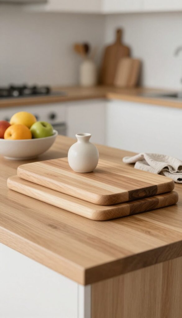 Stacked wooden cutting boards in different shapes styled as a kitchen island centerpiece with a small decorative accent in front, bright natural light, clean modern kitchen setting