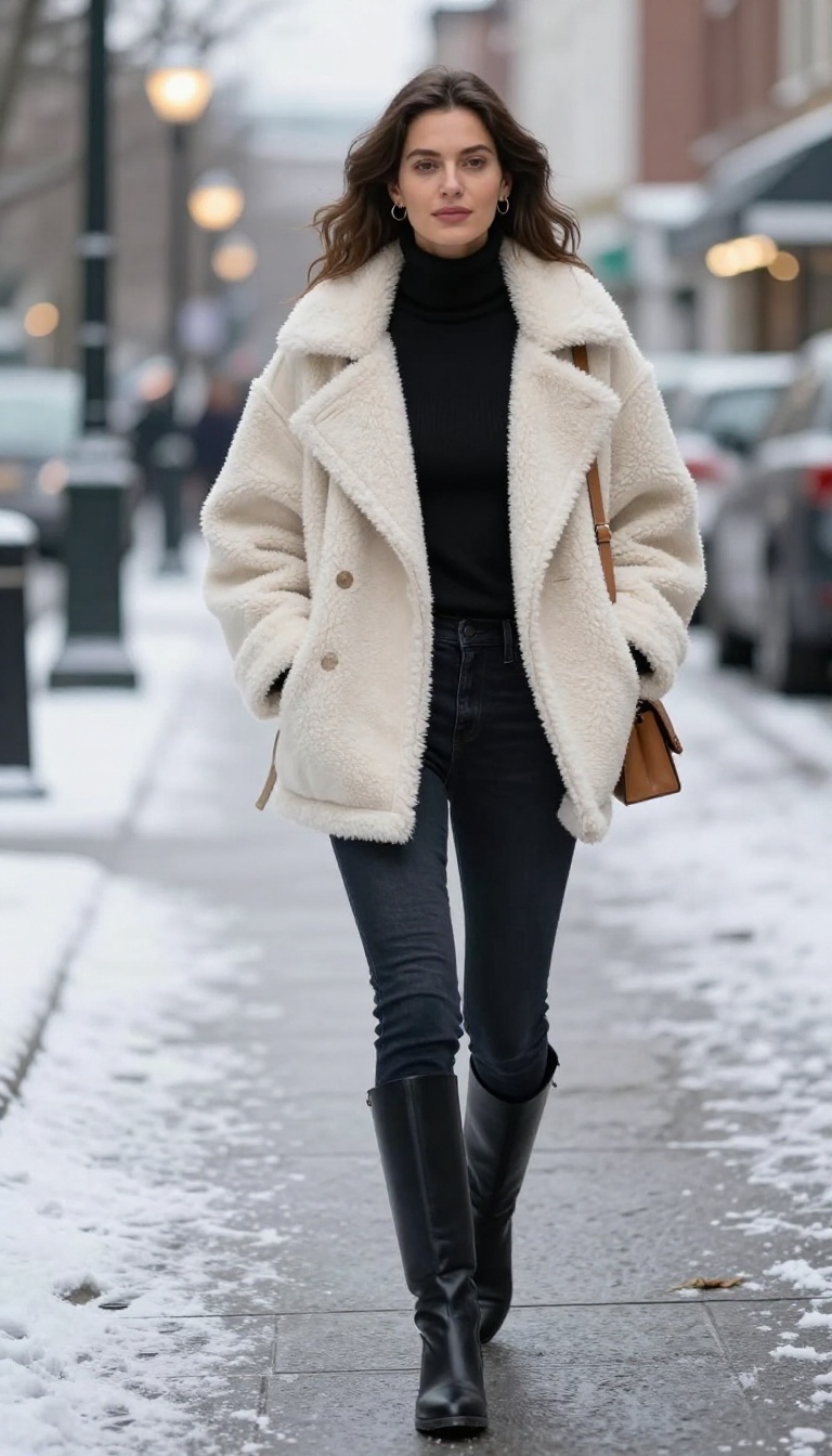 13. Shearling Jacket & Skinny Jeans