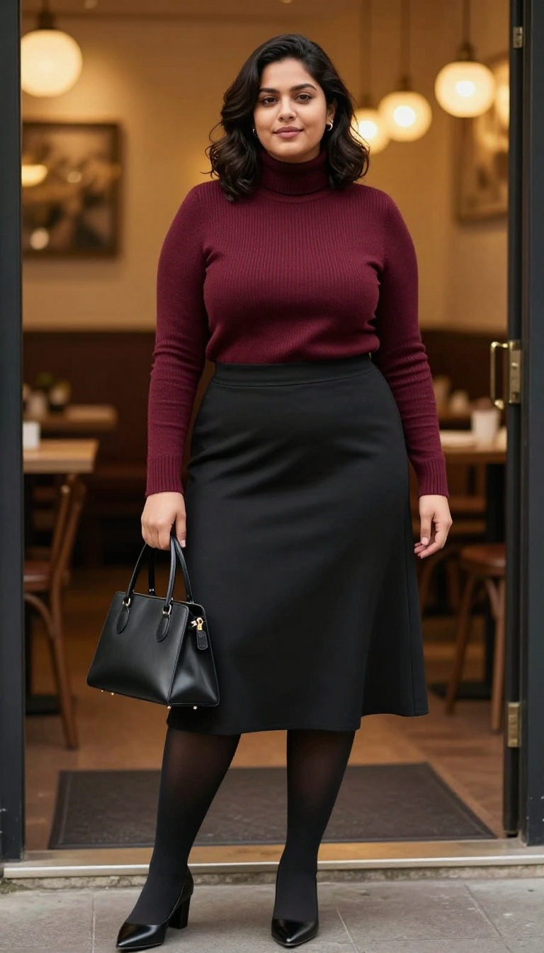 4. Black A-Line Skirt with a Burgundy Turtleneck and Black Tights