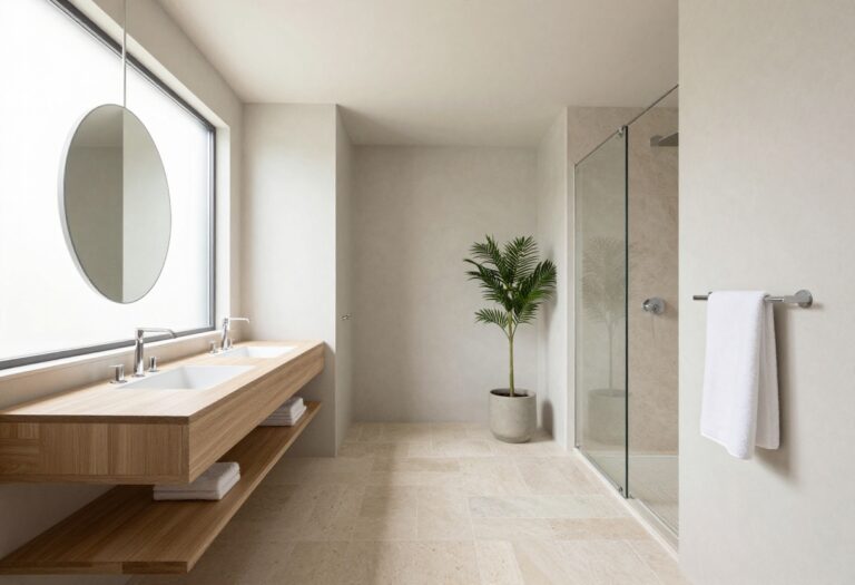 Bright narrow bathroom with a floating wood vanity, round backlit mirror, glass shower, and open floor space that makes the long room feel spacious