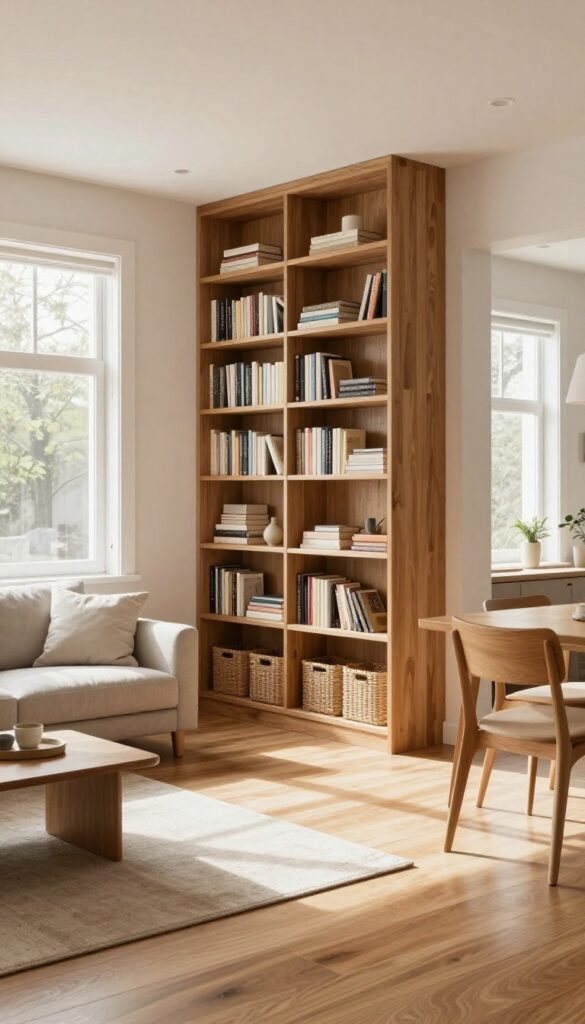 Bright living room with a tall wooden bookshelf used as a room divider between the sofa area and dining space, styled with books and neutral baskets.