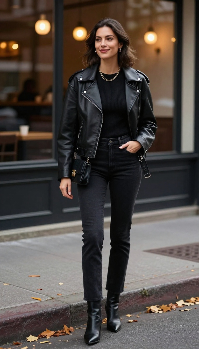 5. Leather Moto Jacket and Black Jeans for a Date-Night Edge