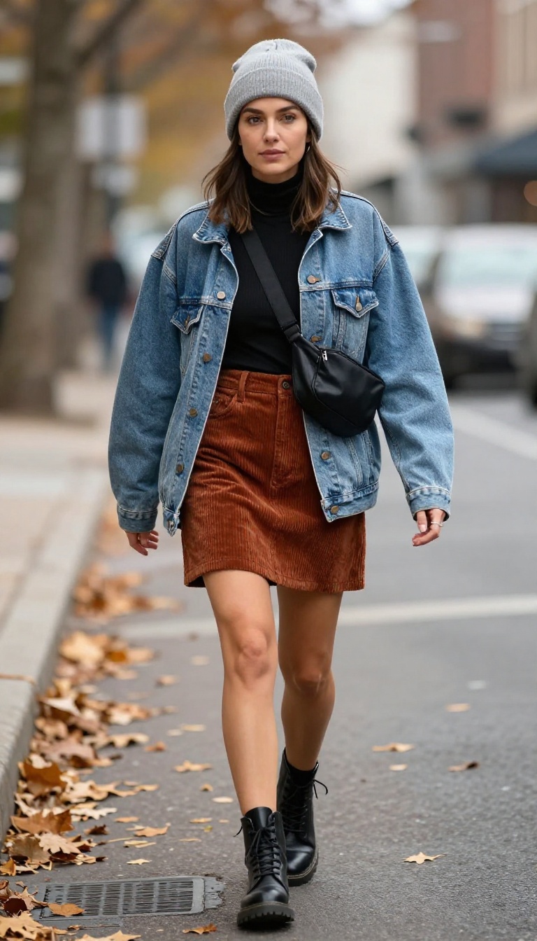 5. Corduroy A-Line Skirt + Turtleneck + Denim Jacket