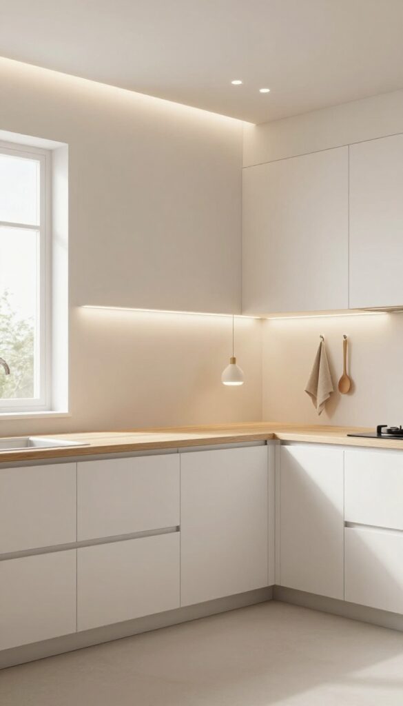 Bright minimal narrow kitchen with recessed lighting, under-cabinet lights, a simple pendant, clean counters, and wall hooks creating an open airy feel