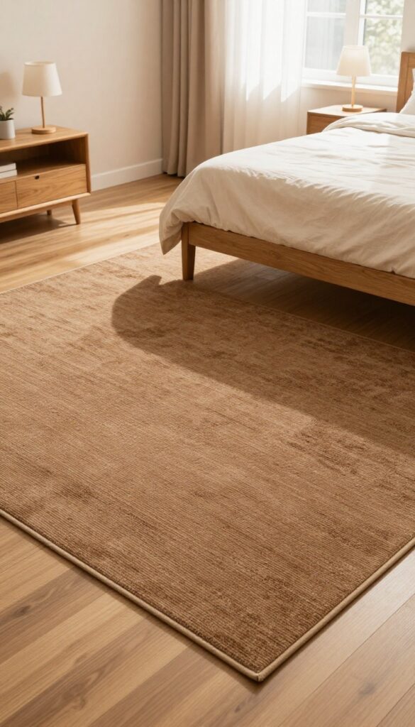 Cozy brown bedroom with a large brown area rug centered under a wooden bed, warm neutral bedding, nightstands, and bright natural light.