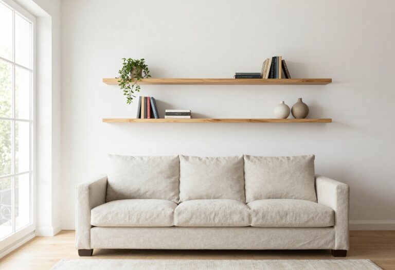 Bright living room with slim floating wall shelves above a sofa styled with books and small plants