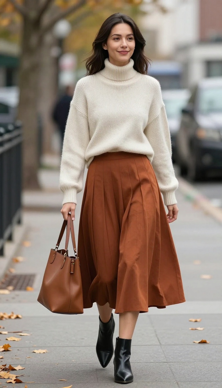 1. Pleated Midi Skirt with a Tucked Sweater and Ankle Boots