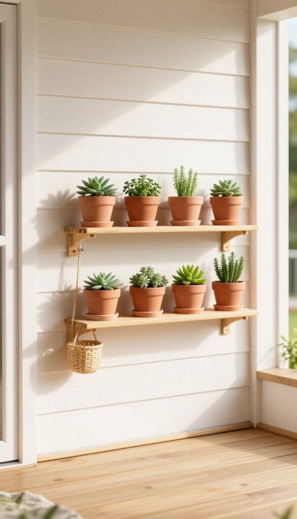 Small wooden deck with a vertical wall shelf and peg rail holding herb pots, a candle lantern, and a hanging basket in bright natural light