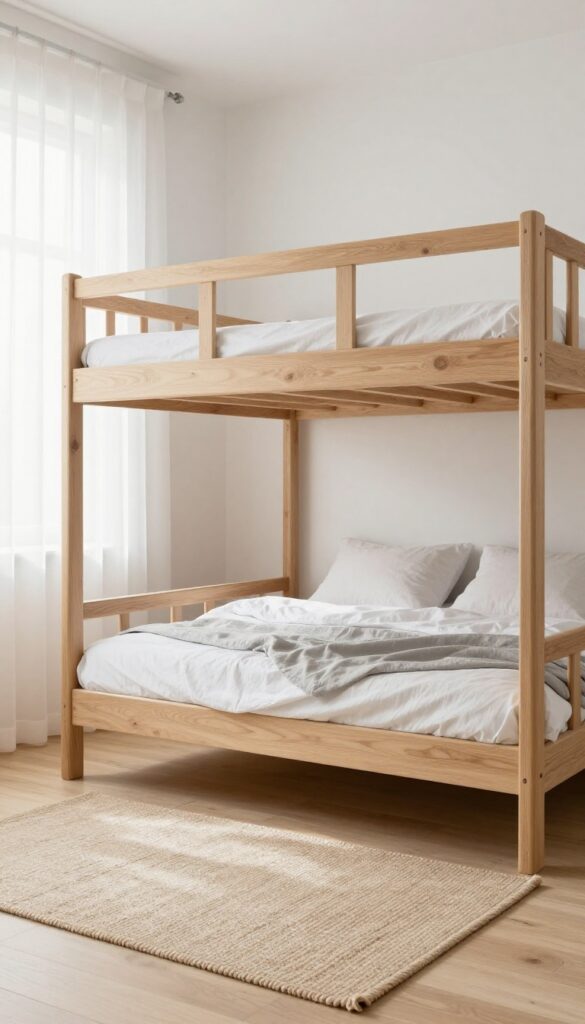 Scandinavian-inspired light oak wooden double deck bed in a small bright room with white bedding and natural fiber rug