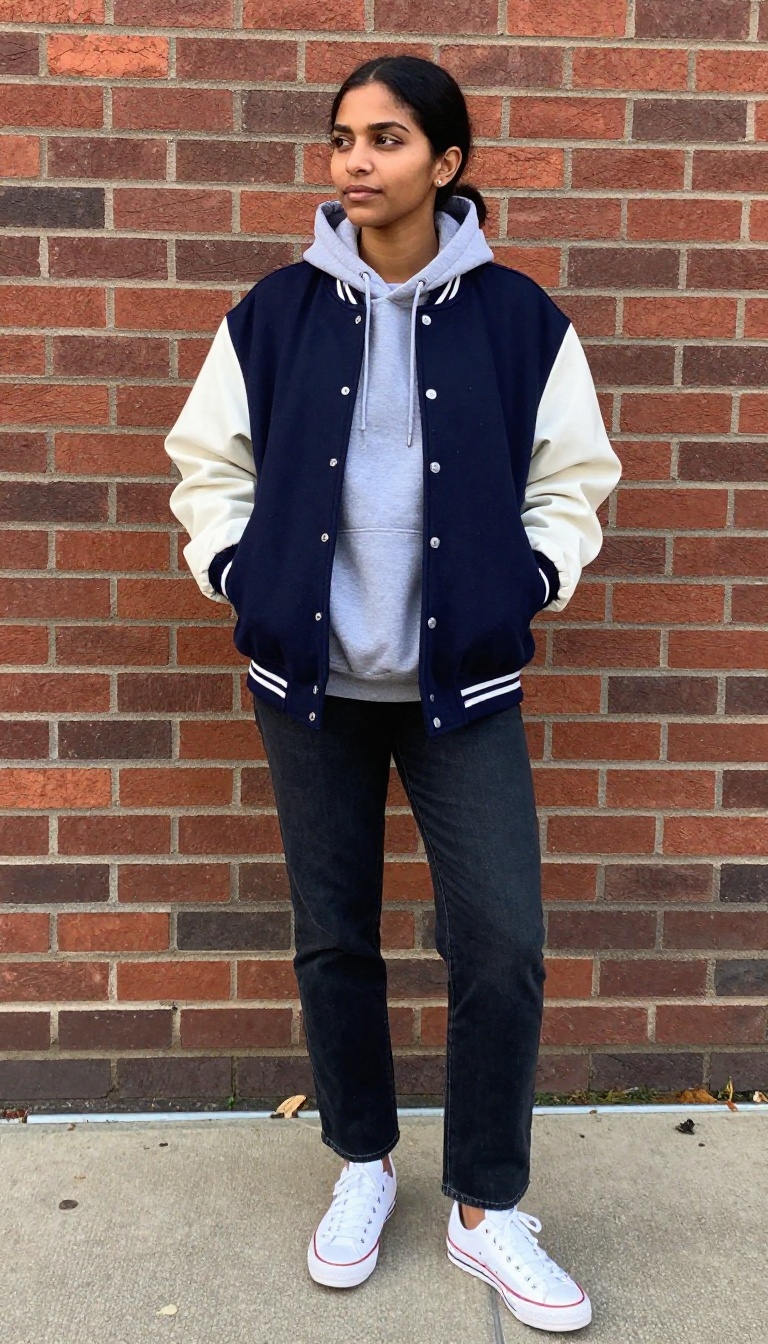 11. Sporty: Varsity Jacket and Dark Wash Straight Jeans