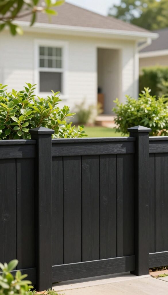 Freshly painted black wood fence with lush green plants in a bright front yard