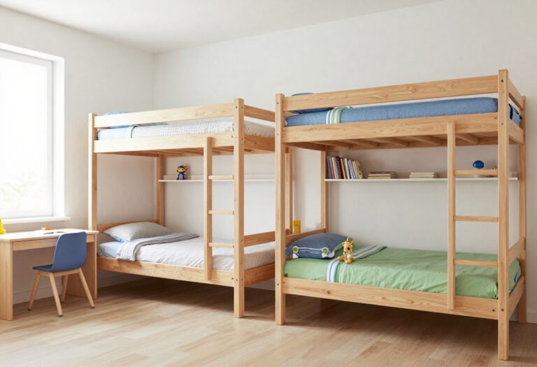 Bright shared bedroom for two boys with a wooden bunk bed with built-in storage, two desks, and playful blue and green decor in natural light
