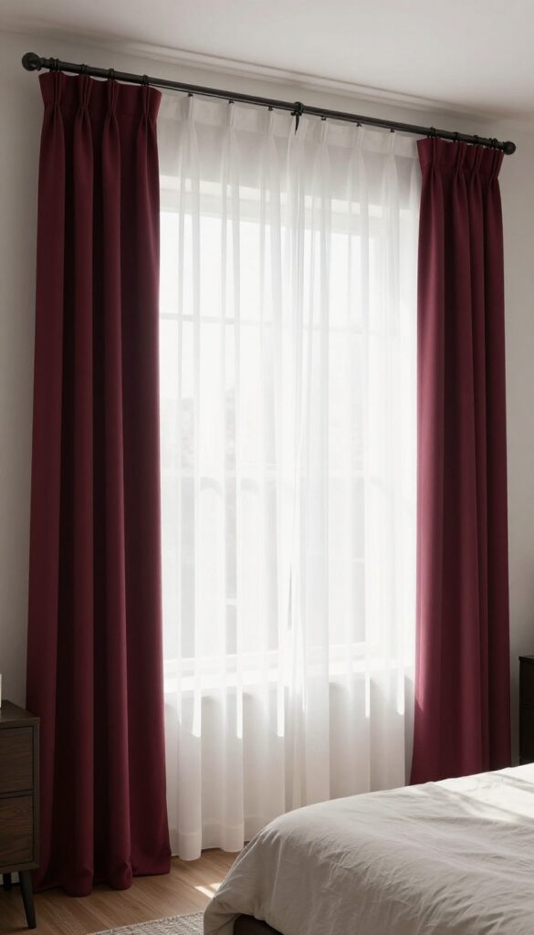 Bedroom with floor-length dark red burgundy curtains layered over sheer white curtains, filtering warm natural light beside a neatly made bed