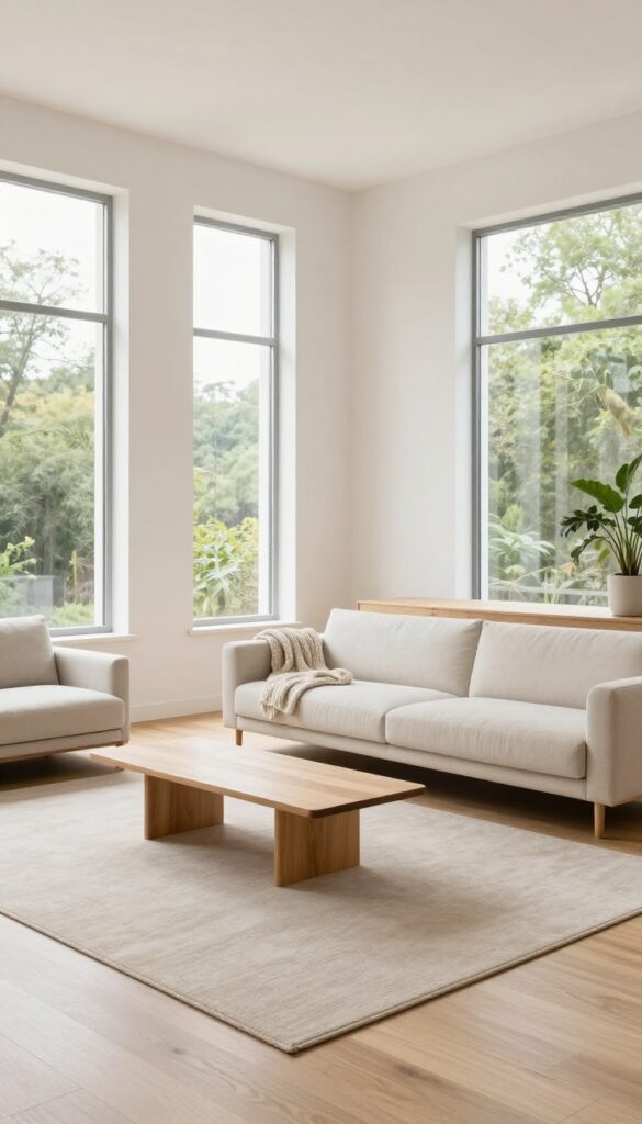 Bright rectangular living room with a low-profile sofa floated away from the wall, slim console table behind it, neutral rug anchoring the seating area, and open walkways on both sides