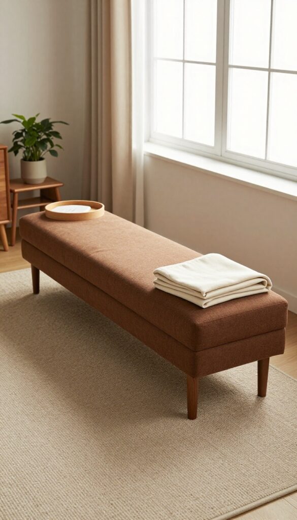 Brown upholstered accent bench with wooden legs at the foot of a bed in a bright, cozy brown bedroom, styled with a folded throw and tray.