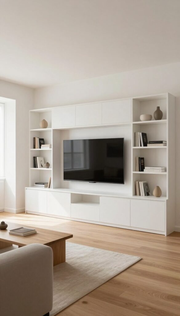 Modern living room with a TV framed by symmetrical white built-in shelving and lower cabinets in bright natural light