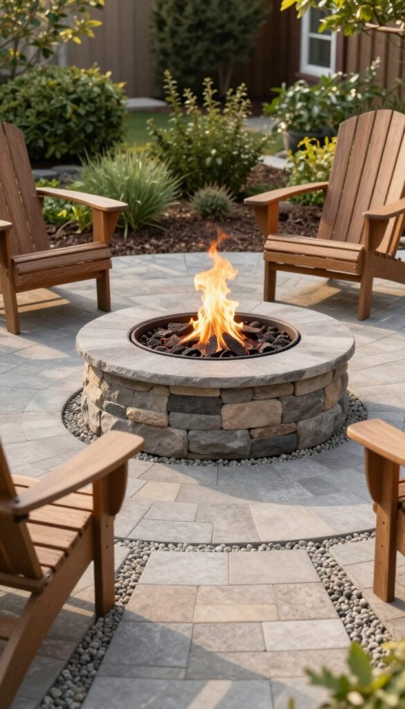 Backyard fire pit patio with mixed pavers and gravel, showing a stone fire pit, wooden chairs, and layered texture in bright natural light.