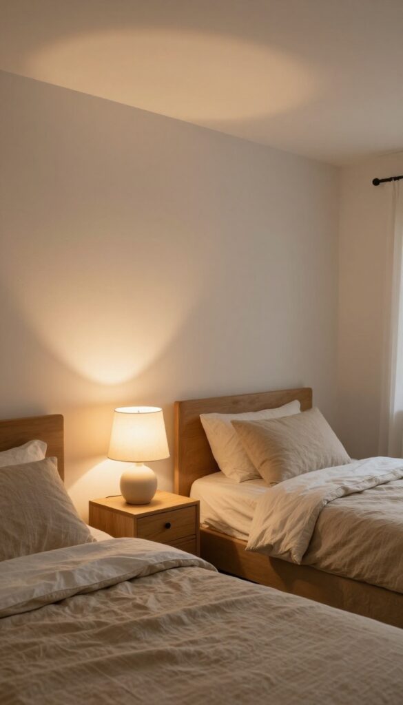 A cozy bedroom at night lit only by two warm bedside lamps with fabric shades and a small lamp across the room, creating soft pools of golden ambient light instead of harsh overhead glare.