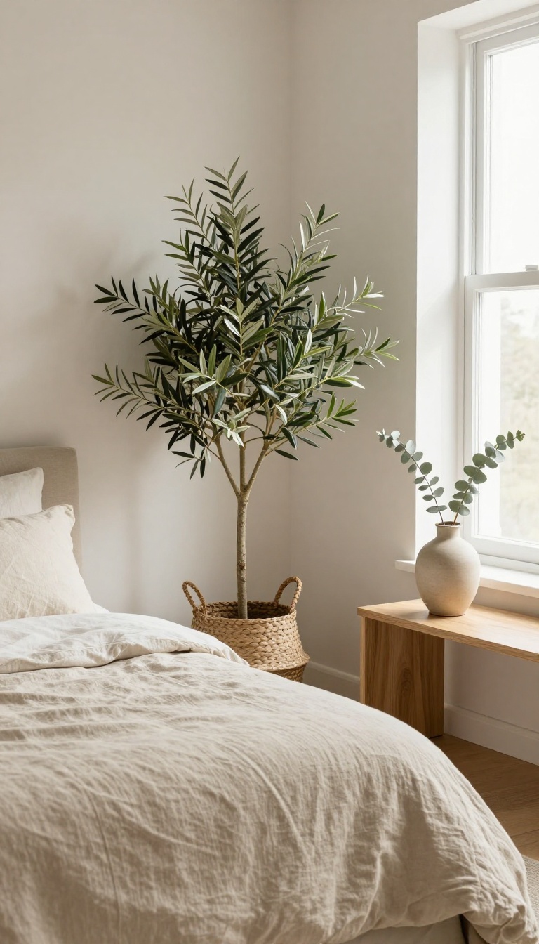 Cozy neutral Pottery Barn style bedroom with a potted olive tree in a woven basket and dried eucalyptus in a ceramic vase, soft natural light