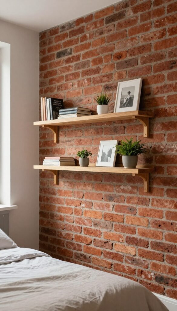 A bright urban bedroom with an exposed brick wall and floating wooden shelves holding books and plants, styled with natural light and clean composition.