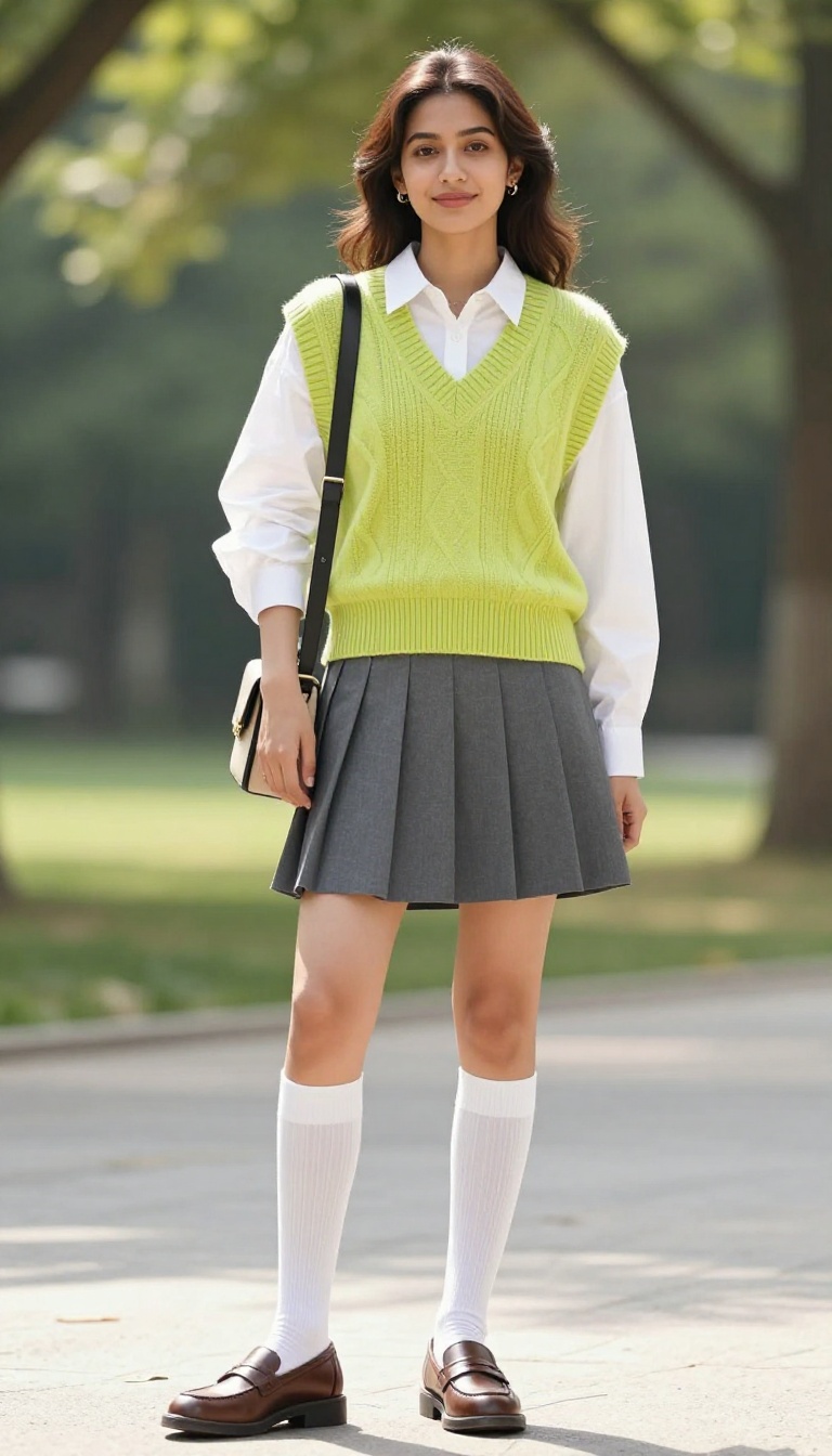 10. Pleated Skirt with a Sweater Vest and Knee-High Socks