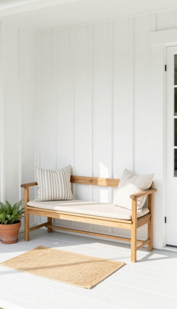 A natural wood bench with neutral cushions on a bright white farmhouse front porch, styled with minimal decor in warm morning light