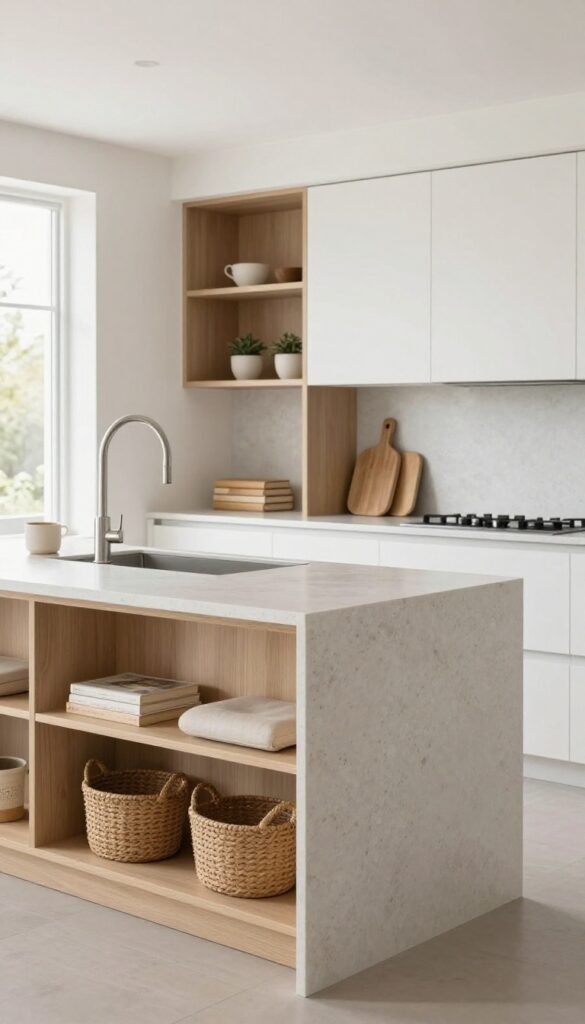 Bright modern kitchen island with shallow open shelves and cubbies on the seating side, holding baskets, cookbooks, and serving boards, with closed cabinets on the opposite side.