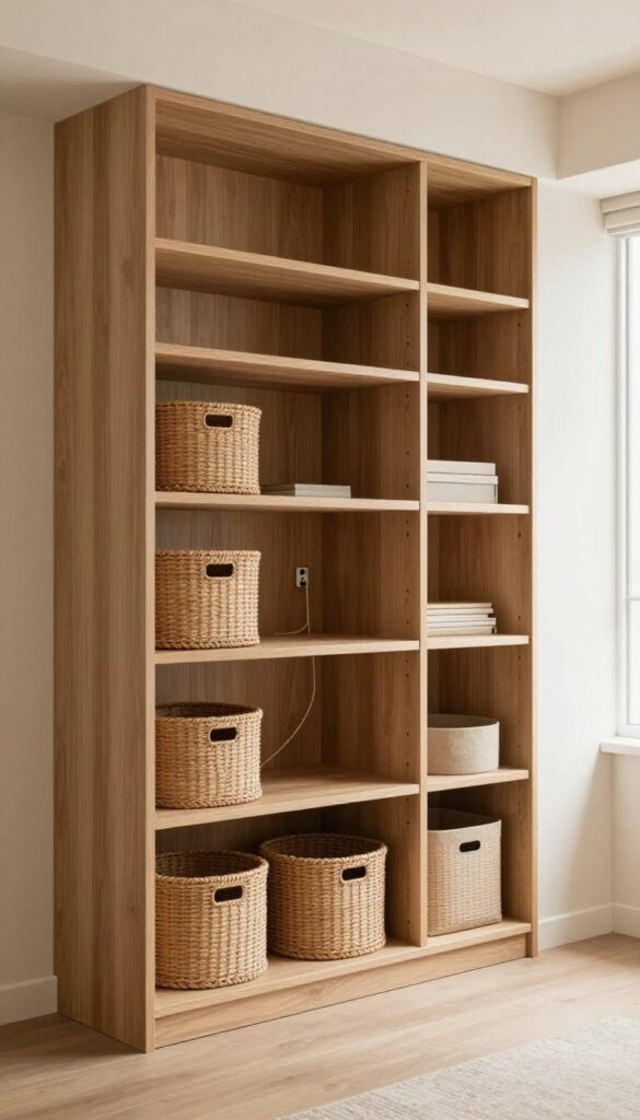 Bright living room alcove with a built-in wood media storage cabinet, closed doors, matching baskets, and hidden cable management in warm natural light