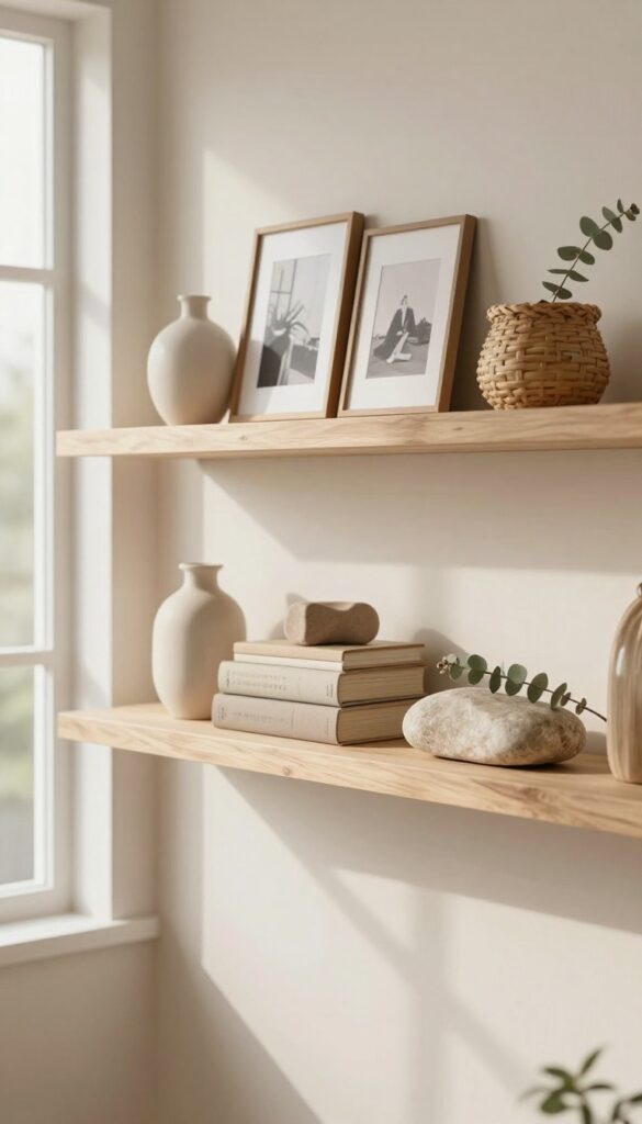 A bright living room shelf styled with a framed photo, ceramic vase, books, and a dried stem, mixing personal and neutral decor for a curated look.