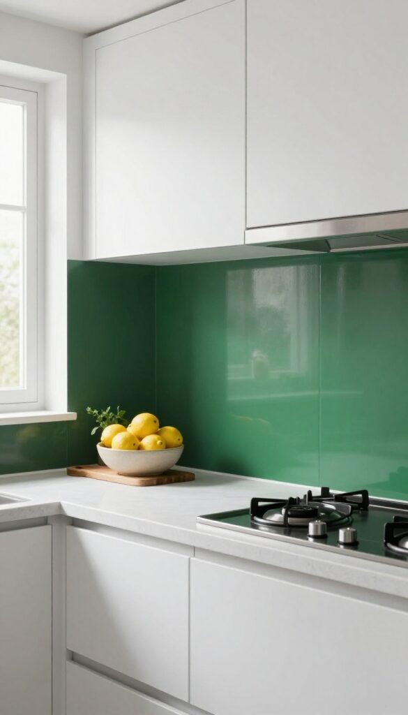 Bright kitchen with a smooth deep green painted backsplash behind a white countertop and stainless steel stove, styled with a cutting board and lemons in natural light.