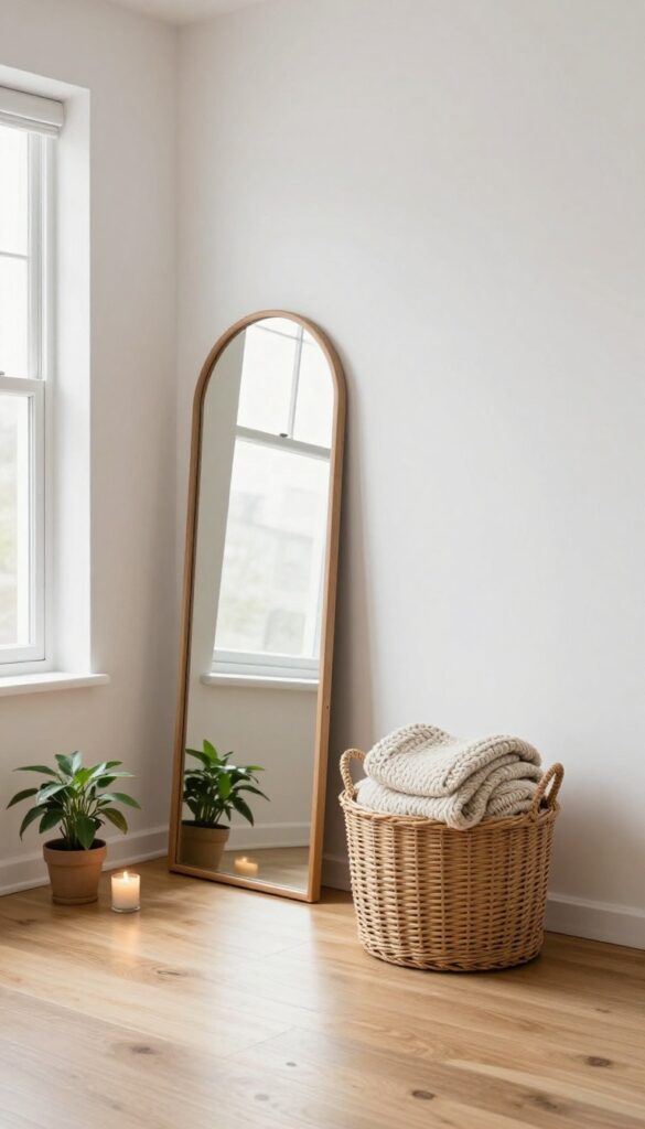 Bright living room corner with a tall arched leaning mirror, a woven basket holding folded blankets, and a small plant in natural daylight