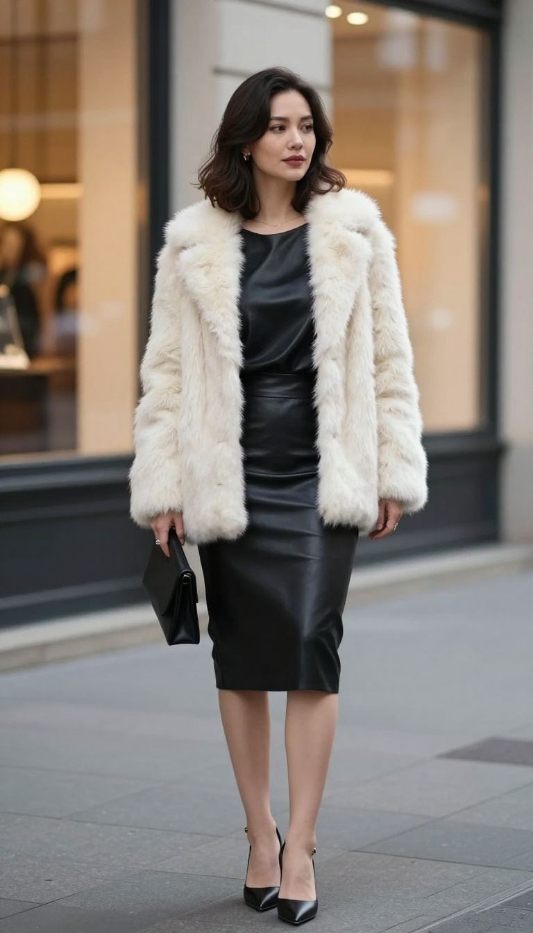 4. Leather Skirt with Stiletto Heels and a Faux Fur Coat