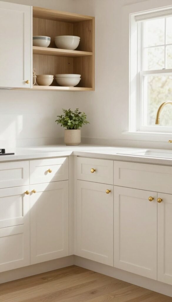 Bright cozy kitchen with warm white cabinets and brushed brass hardware in natural light
