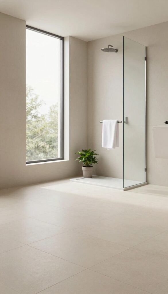 Bright modern stand-up shower with large format neutral porcelain floor tiles and minimal grout lines for a smooth open look