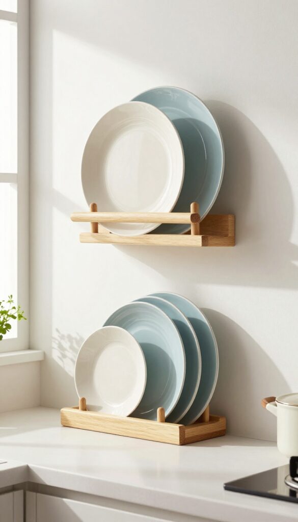 A bright kitchen wall with a wooden plate rack holding plates vertically, arranged by size, with natural light highlighting the organized display.