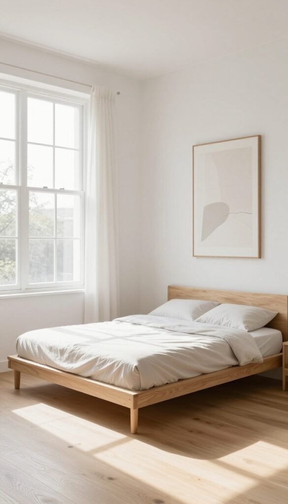 Bright small bedroom with a low platform bed, tall curtains, and vertical wall art creating a spacious minimalist feel