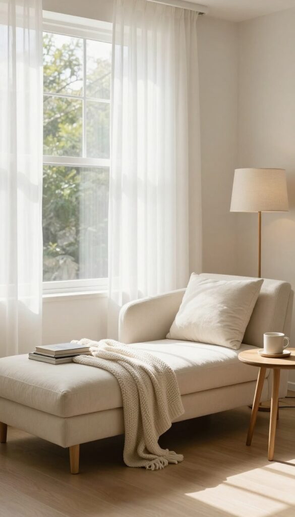 A cream chaise lounge beside a sunlit window in a serene bedroom, with a side table, draped throw blanket, and floor lamp creating a cozy lounge corner.