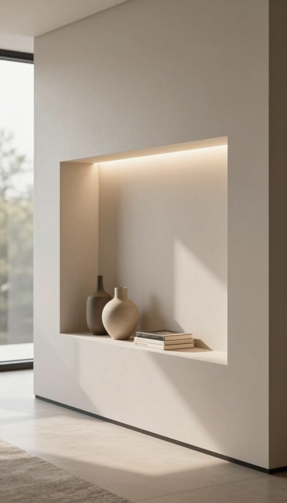 Living room wall niche with warm LED strip backlighting glowing around a recessed shelf holding a vase and books