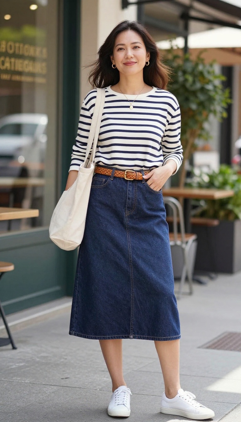 4. Denim Skirt with a Striped Breton Top