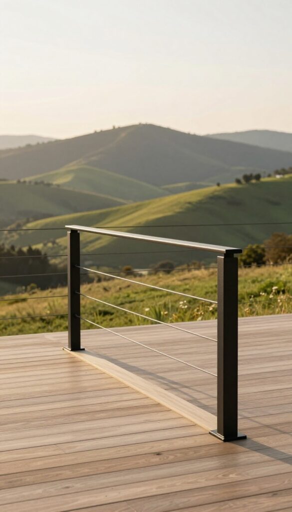 Elevated modern deck with thin horizontal cable railings and dark posts overlooking rolling hills and distant mountains in warm natural light