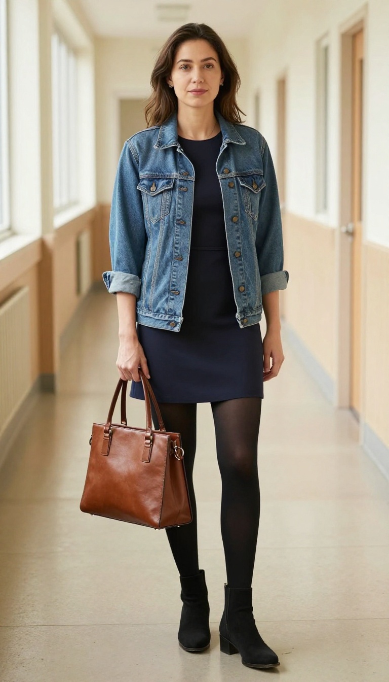 5. Navy A-Line Dress with a Denim Jacket