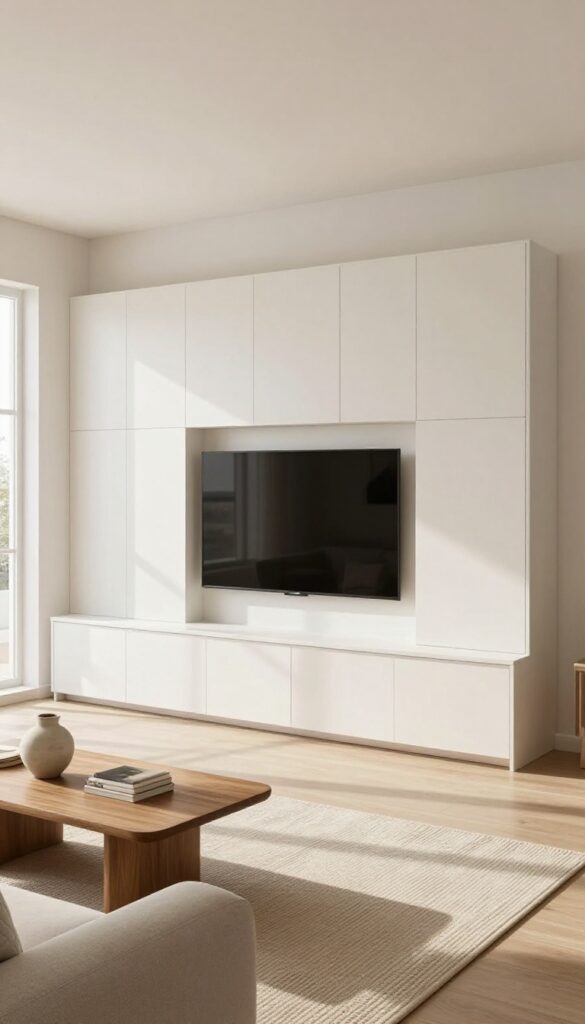 Modern living room with a full-wall built-in cabinet unit in soft white, the center doors closed to hide the TV, flanked by symmetrical storage cabinets, with a neutral sofa and bright natural light.