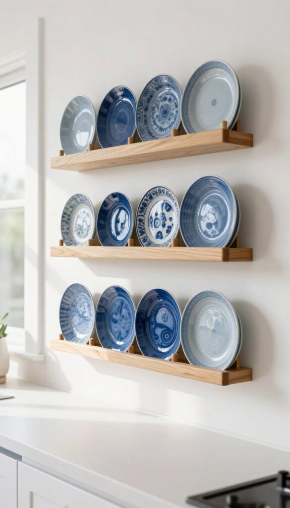 Bright kitchen wall with a wooden plate rack displaying blue-and-white patterned ceramic plates in a balanced arrangement, lit by natural light.