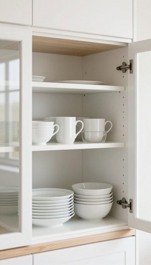 Open kitchen cabinet with a white stackable shelf riser creating two levels, plates and bowls on the bottom, mugs and small containers on top, bright natural light.