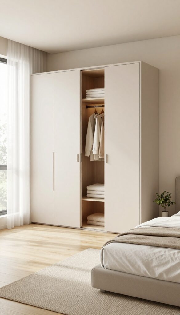Bright modern bedroom with a custom L-shaped corner sliding wardrobe system featuring uniform light-toned doors and warm interior lighting.